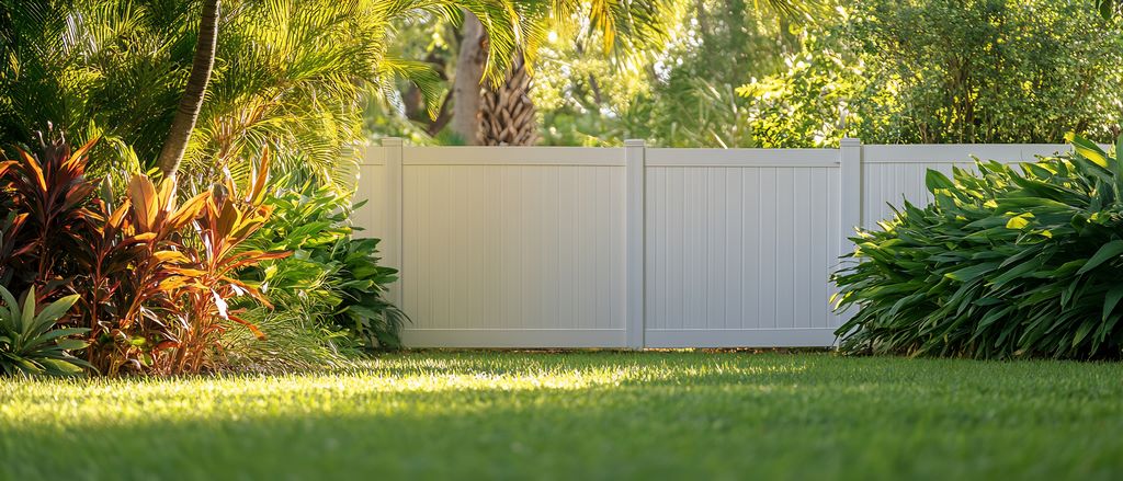White vinyl fence installation in Apollo Beach backyard